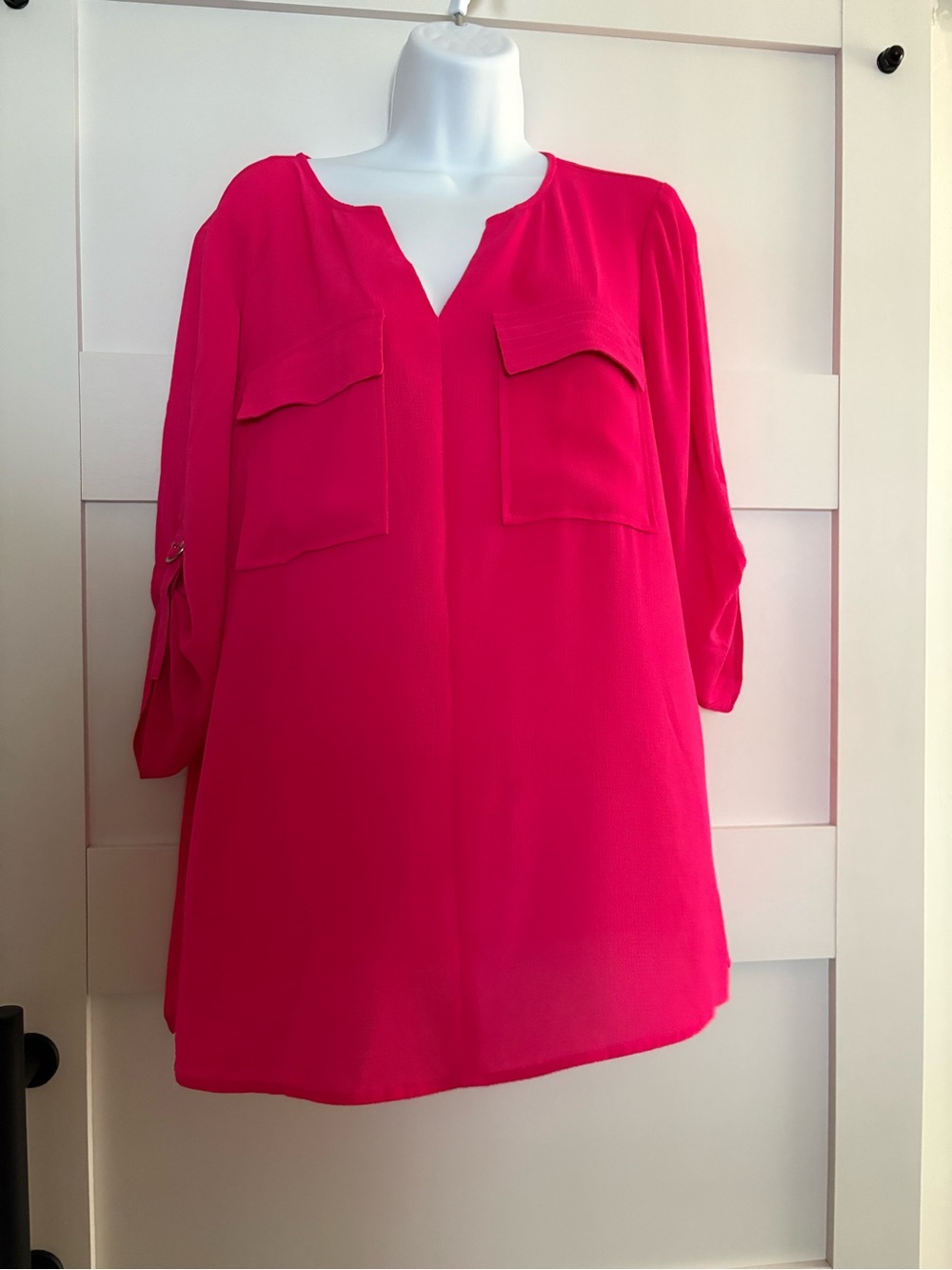 Chaus Bright Pink Split V-Neck Blouse with Front Flap Pockets